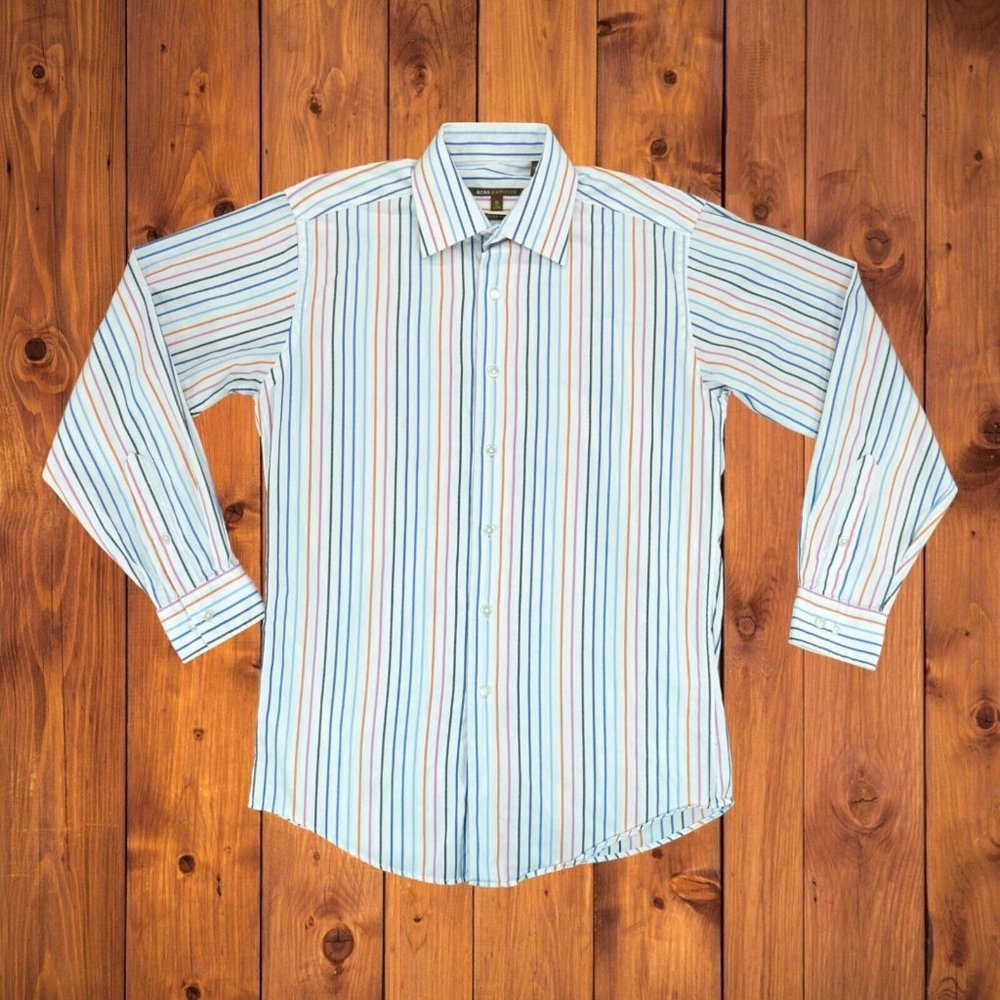 BCBG Attitude Mens Long Sleeve Button‎ Up Shirt Striped Size Medium 15  32/33